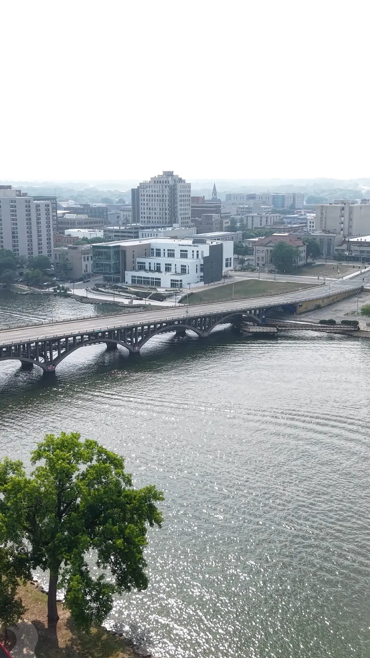 The Rock River and downtown Rockford from above, near the public launch