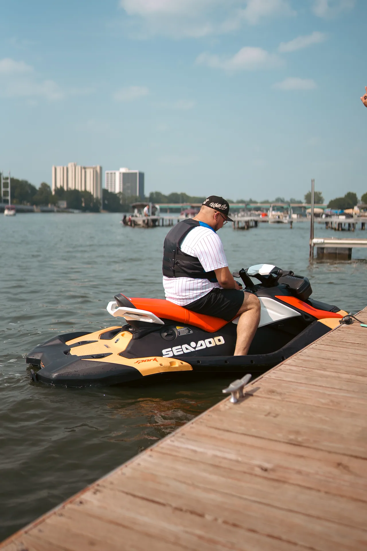 A Sea-Doo Spark tied at the FunSkis dock on the Rock River